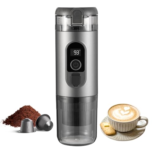 Portable Electric Espresso Machine, 20 Bar Self Heating Small Travel Car Coffee Maker Compatible with Ground Coffee & NS Capsule for Camping RV Hiking Office(Grey)