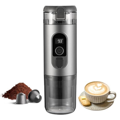 Portable Electric Espresso Machine, 20 Bar Self Heating Small Travel Car Coffee Maker Compatible with Ground Coffee & NS Capsule for Camping RV Hiking Office(Grey)