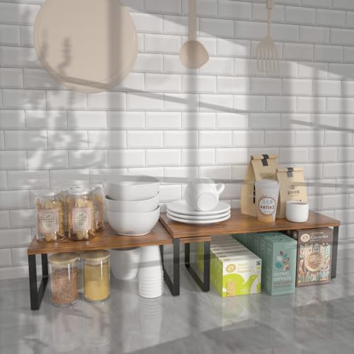 NEX Kitchen Cabinet and Counter Shelf Organizer, Stackable & Expandable, Set of 4, Black and Rustic Brown - 7.7 x 15.6 x 6.2'' - color: Black + Rustic Brown, size: 15.6''W
