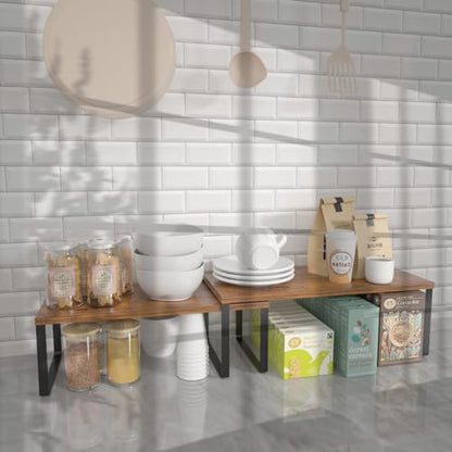 NEX Kitchen Cabinet and Counter Shelf Organizer, Stackable & Expandable, Set of 4, Black and Rustic Brown - 7.7 x 15.6 x 6.2'' - color: Black + Rustic Brown, size: 15.6''W