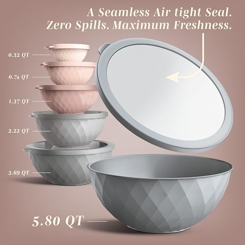 COOK WITH COLOR Mixing Bowls with Lids - 12 Piece Plastic Nesting Bowls Set includes 6 Prep Bowls and 6 Lids, Microwave Safe Mixing Bowl Set, Grey/Pink Diamond - color: Grey/Pink Diamond