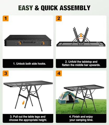 Raynesys Foldable Grill Table with Mesh Desktop, 200lbs 4Ft Portable Folding Table, Height Adjustable Metal Table for Ourdoor, Camping, Picnic, BBQ and Beach, RV, 47.24" L x 23.62" W - size: XL(4Ft-47.24" x 23.62" x 17.32"/24.41"/29.53")