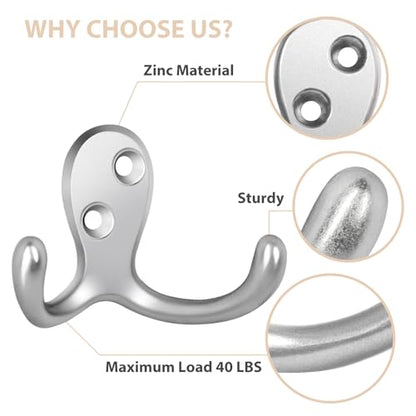 Homanu 34 Pack Coat Hooks, Heavy Duty Double Prong Coat Hooks Wall Mounted with 68 Screws, No Rust Silvery Metal Wall Hooks for Hanging Towel, Coat, Bag, Hat, Cup, Key - color: 34 Pcs Silvery