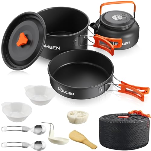 HOMGEN Portable Camp Cooking Set-Ultralight Anodized Aluminum Camping Cookware Set for 2 People with Nesting Non-Stick Frying Pot/Pan-800ml Insulated Teapot etc-Compact Backpacking Gear for Camping