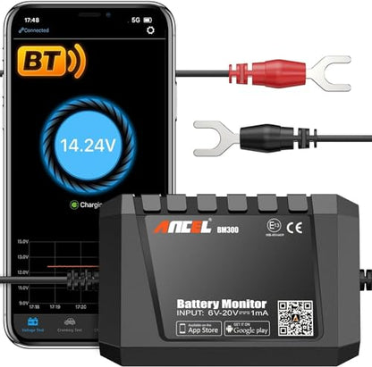 ANCEL BM300 12V Battery Monitor, Bluetooth 4.0 Automotive Voltmeter with Charging, Cranking System Test & Alarm - Compatible for Solar Power Systems, RVs, Motorcycles, Boats, Cars, and Trucks - color: Black