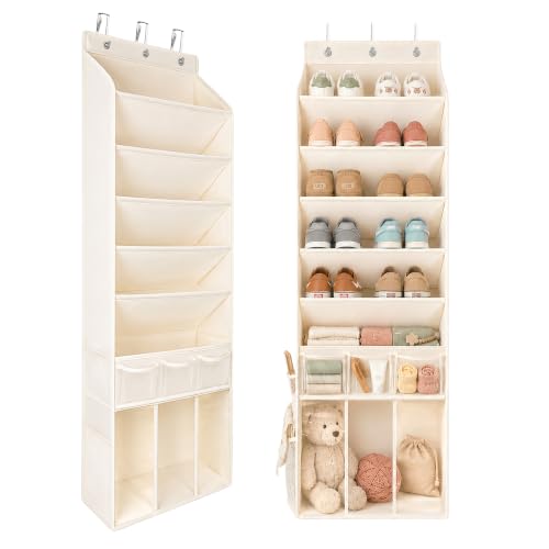 3in1 Over The Door Shoe Organizer with 5 Slanted Compartments,Removable Storage Bin & Transparent Pockets,Thickened Waterproof Oxford Fabric Shoes Rack for Shoes,Boots,Toys,Daily Essentials. (Beige) - color: Beige