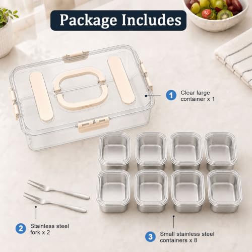Snackle Box Container, 304 Stainless Steel Snack Box, Snacklebox for Fruit, Snackle Box with Individual Lids and 2 forks, 8 Compartment Stainless Steel Snack Containers for Party, Beach, Travel - color: Silver Gray