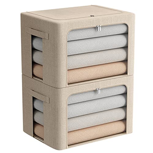 FHSQX 2 Pack Clear Window Storage Bins - Large Stackable Linen Fabric Storage for Clothes Foldable Container Organizer Set with Carrying Handles (Beige, 19.7x 15.7x 12.6 Inch) - color: Beige, size: 19.7x 15.7x 12.6 Inch