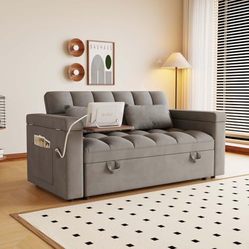 65" Foldable RV Love Seat Sofa, Modern Velvet Pull Out Couch with Table Board and UAB, Convertible Love Seat Sofa Bed with Adjustable Back and Pillow for Living Room, Small Spaces(Dark Gray, 2 Seat) - color: Dark Gray, size: 2 Seat