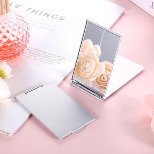 Portable Folding Mirror, 2 Pcs Ultra Slim Portable Mini Folding Mirrors Compact Makeup Compact Aluminum Shell Cosmetic Mirror for Travel Daily Work Business (3.3x2 Inches)