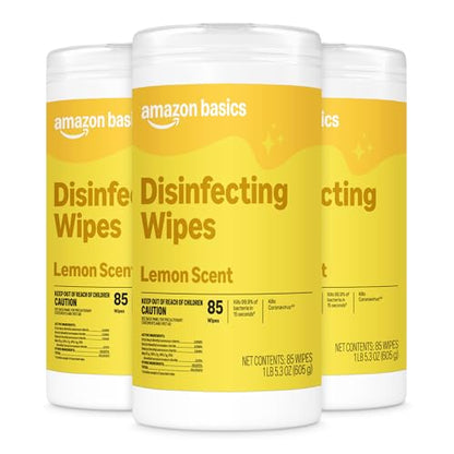 Amazon Basics Disinfecting Wipes, Lemon Scent, for Sanitizing, Cleaning & Deodorizing, 255 Count (3 Packs of 85), Packaging May Vary - size: 85 Count (Pack of 3), style: 3 Pack Lemon