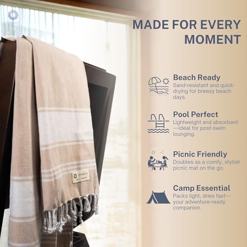 Cotton Turkish Beach Towel with Towels Oversized 36"x72" Pool Absorbent Extra Large Quick Dry Sand Travel Towel (Beige, 2 Pack) - color: Beige, size: 2 Pack