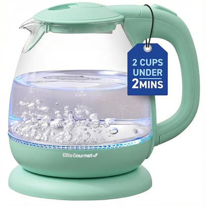 Elite Gourmet 1L Glass Electric Water Kettle, BPA-Free, Fast Boil, Auto Shut-Off, Boil-dry Protection, 360° Swivel Base with Cordless Serving, Clear-view Water Level Markings, Mint - size: 1.1 Quarts