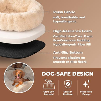 Pelsbarn Luxurious Cozy Car Bed - M/L Luxury Travel Dog Bed with Safety Belt - Ultra Soft Faux Fur - Beige - color: Beige, size: Medium-Large