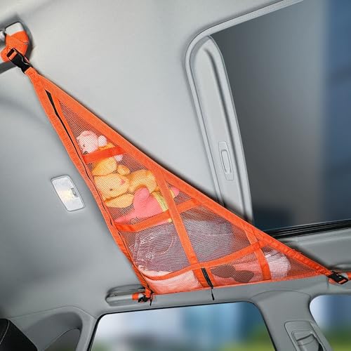 3 Handles Car Ceiling Cargo Net for Inside Car Roof,Interior Mesh Storage,Truck SUV Travel Long Road Trip Camping Interior Accessories 35.4"x25.6",Orange - size: 35.4"x25.6"