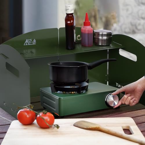 Camping Stove Windscreen 4 Plates Steel Camp Stove Windscreen Folding Outdoor Picnic Cooker Stove Wind Screen Windshield with Drawstring Bag for Camping, Hiking, Picnic, Backpacking, Cooking - color: Green