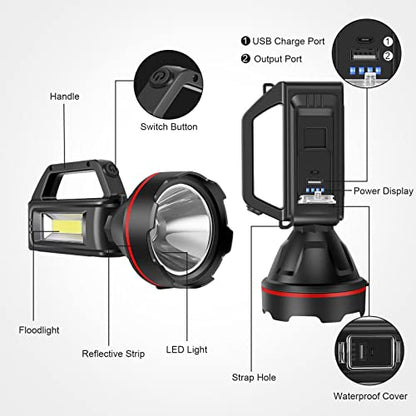 Rechargeable Spotlight Flashlight, High Lumens Handheld Spotlight,LED Searchlight with Shoulder Strap and USB Output for During Hurricane,Emergency, Storms,Hunting , Hiking, Camping(Black Pack of 2) - color: Black2