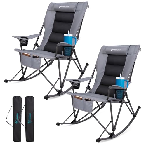 FUNDANGO Oversized Rocking Camping Chair for Adults, 2 Pack High Back Padded Folding Lawn Chairs with Pillows, Wide Armrest, 2 Cup Holders, Carry Bag for Patio Garden Outdoor Supports 440Lbs - color: Grey Rockcomfy-2 Pack