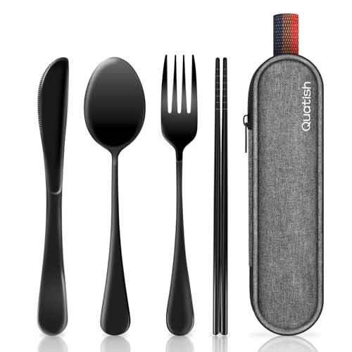 Travel Utensils with Case, Quatish Portable Silverware Set for Work, Stainless Steel Reusable Travel Cutlery Set, Fork and Spoon Set for Camping, Picnic, Gadgets, Lunch Box for Men, Black - color: Black