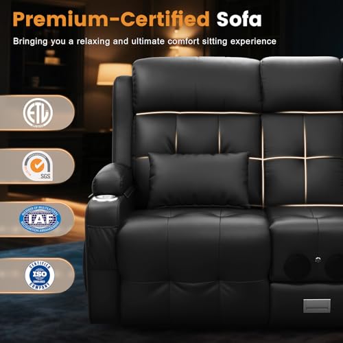 Power RV Loveseat Recliner Sofa, Reclining Loveseats Couch for RV Furniture, Home Theater Seating with Heat Massage, Flip Backrest, USB, Cup Holders, 150° Wall Hugger RV Recliners Sleeper Sofas - color: Flip Back Black, size: Loveseat-G1-Power