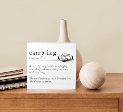 Ku-Dayi Camper Decor for Inside, Funny Camping Definition Wooden Box Sign, Camping Signs Wood Box Decorations for Camper RV Trailer, Camping Wooden Block Plaque Desk Shelf Decor 5x5 Inch