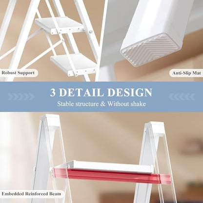 3 Step Ladder, Folding Step Stool with Wider Pedal, Anti-Slip Feet & Non Slip Stripes, Aluminum Sturdy Material, 300Lbs Capacity, Elegant Look of Modern White Better Matches Your Home - color: White, size: 3 Step