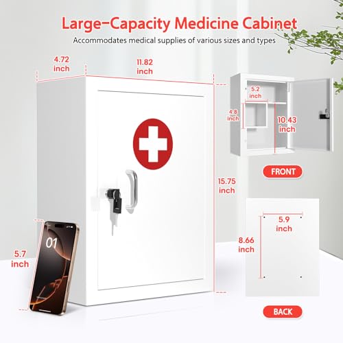 Locking Medicine Cabinet Wall-Mount: Storage Cabinet with Lock & Key - White Metal First Aid Kits for Family Safety and Childproofing - color: Matte White