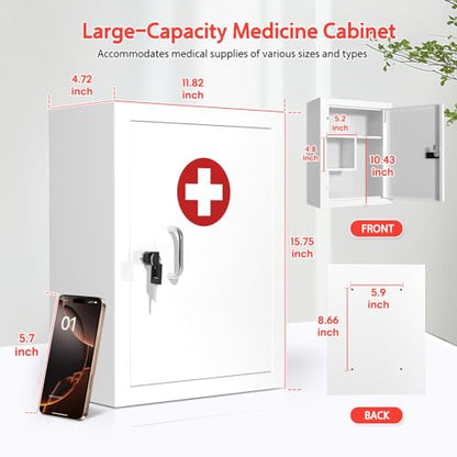 Locking Medicine Cabinet Wall-Mount: Storage Cabinet with Lock & Key - White Metal First Aid Kits for Family Safety and Childproofing - color: Matte White