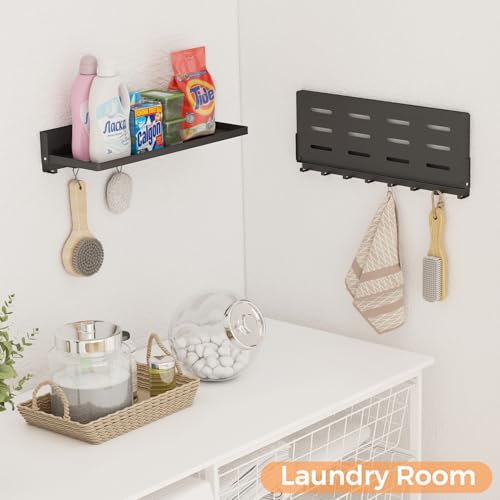 Folding Metal Shelf with Hooks, Wall Mounted Laundry Room Shelf, 8 Hooks & 90° Fold Up, Fold-Down for Rv, Bathroom, Kitchen, Garage, Space Saving, Small Space, Black（17.0", 1 Pack） - color: 17.0" , 1-pack