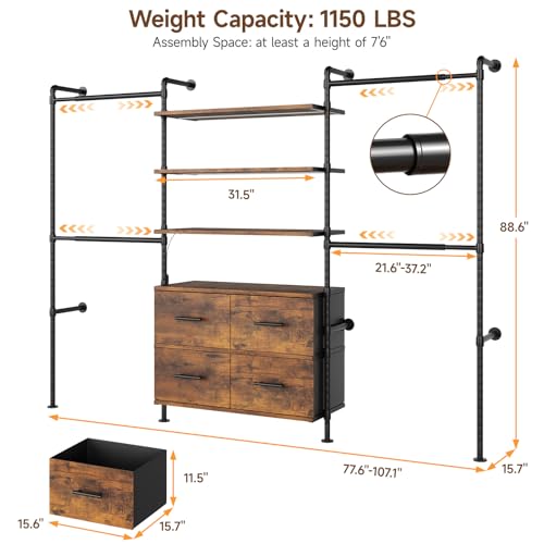T3 Closet System with Stepless Dimmable LED Light, Industrial Pipe Clothing Rack with 4 Drawers, 6 Wooden Shelves & 4 Telescopic Rods, Heavy Duty Closet Organizers in Wardrobe Closet (Rustic Brown) - color: Rustic Brown