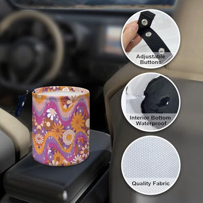 Renewold Waterproof Car Trash Can, Hippie Daisy Swirl Boho Car Garbage Can with Button Straps, Trash Bin for Any Vehicles, Auto Waster Container, Camping Picnic Travel Desktop Storage Bag Organizer - color: Hippie Daisy Swirl Boho