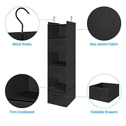 MAX Houser 6 Tier Shelf Hanging Closet Organizer, Closet Hanging Shelf with 2 Sturdy Hooks for Storage, Foldable (Black-D3) - color: Black-d3