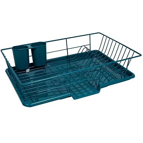 Sweet Home Collection Space-Saving 3-Piece Dish Drainer Rack Set: Efficient Kitchen Organizer for Quick Drying and Storage - Includes Cutlery Holder and Drainboard - Maximize Countertop Space, Teal - color: Teal