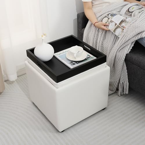 Adeco 17" White Storage Ottoman Cube with Tray Lid, Small Footstool with Storage, Square End Table for Living Room & Bedroom - color: White Leather With Tray