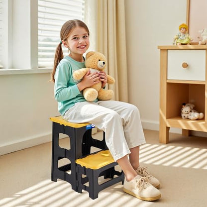 Korpai Folding 2 Step Stools,8" & 17" Dual Heights,Foldable Step Stool for Adults and Kids,Hold up to 250lbs,Collapsible Step Stool for Kitchen Bedroom Office Bathroom RV, Yellow - color: Yellow
