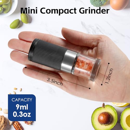 vzaahu Mini Salt and Pepper Grinder Set Black and White with Bag and Funnel, Small Travel Portable Spice Tools, Adjustable Coarseness, Refillable, Ceramic Burrs Seasoning Mills for Cooking, BBQ, RV - color: Black/White