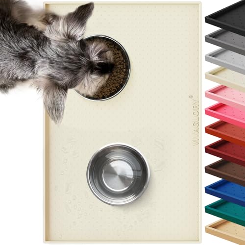 VIVAGLORY Pet Food Mat Grippymat Dog Bowl Mat, 24" L x 16" W, Ivory | Placemat with Raised Edge for Indoor, Waterproof Silicone for Cat Kitty & Puppy - color: Ivory, size: 24"L x 16"W