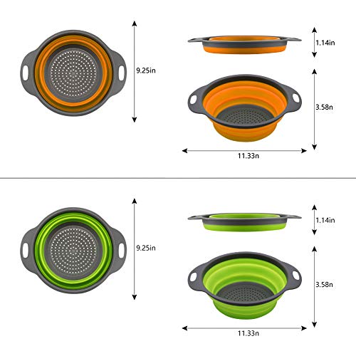 QiMH Collapsible Colander Set of 3-2 PC 4 Quart and 1 PC 6 Quart Over the Sink Colander - Food-Grade Sturdy Plastic Base - Round Space-save Silicone Kitchen Foldable Food Strainer - color: blue,orange,green