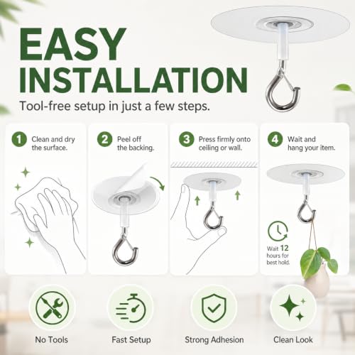 Adhesive Ceiling Hooks with Safety Clasp, Stick-On Wall Hooks for Plants, Wind Chimes, Home Storage and Bathroom Decor