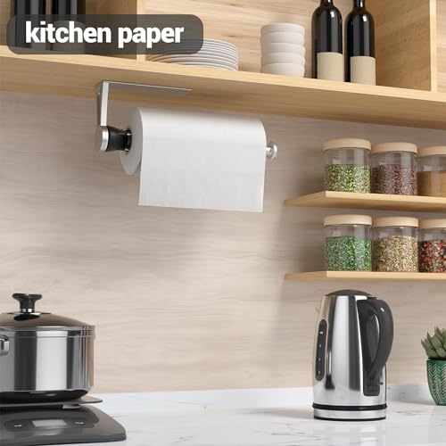 Paper Towel Holder Under Cabinet with Damping Effect, Single-Hand Operable Wall Mount Paper Towel Holder for Kitchen/Bathroom, Under Counter Self-Adhesive/Drilled Kitchen Towel Holder - color: Silver