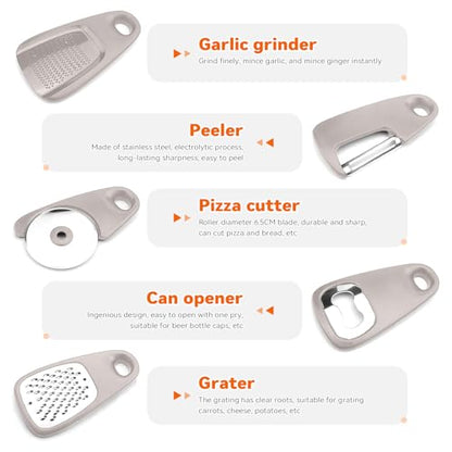 5 Pack Kitchen Gadgets Set,Cheese Grater, Bottle Opener, Fruit Vegetable Peeler, Pizza Cutter, Garlic Ginger Grinder,Stackable Cooking Tools Space Saving for Kitchen.