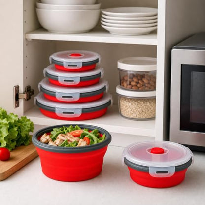 Guyuyii 4 Pack Food-Grade Silicone Collapsible Bowls with Lids for Camping | BPA-Free Round Nesting Set for RV Travel, Hiking, and Outdoor Recreation Activities | Microwave, Freezer, Dishware Safe - color: red