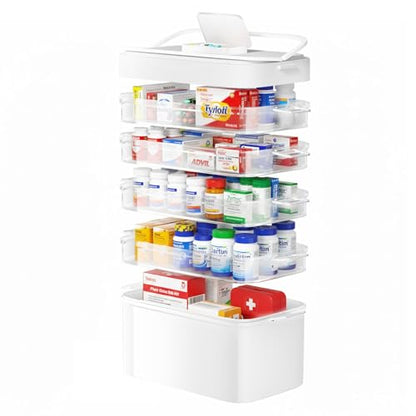 FOCHIER F 5-Tier Medicine Box Organizer Storage with Removable 6-Compartments Pill Organizer, Portable Medicine Container with Plastic Handle,First Aid Box Empty for Cabinet/Home/Travel