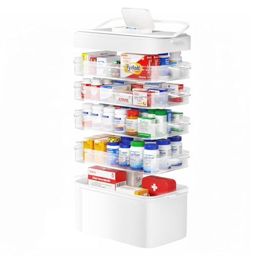 FOCHIER F 5-Tier Medicine Box Organizer Storage with Removable 6-Compartments Pill Organizer, Portable Medicine Container with Plastic Handle,First Aid Box Empty for Cabinet/Home/Travel
