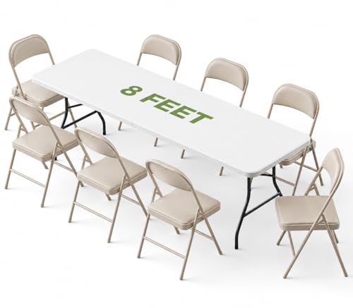 Folding Dining Table Set for 8, 8FT Foldable Plastic Table with Carrying Handle & 8 PU Leather Padded Folding Chairs, Portable Table and Chairs Set for Indoor Outdoor, Party, Wedding, Picnic, Camping - color: Khaki, size: 8FT