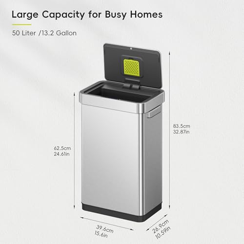 EKO Deluxe Mirage-T 50 Liter / 13.2 Gallon Touchless Rectangular Motion Sensor Trash Can, Matte Stainless Steel Finish - size: Deluxe 50L - Stainless Steel