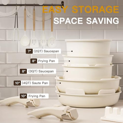Astercook 21 Pcs Pots and Pans Set Non Stick, Ceramic Cookware Set Detachable Handle, RV Kitchen Cooking Set Removable Handles, Oven Safe, Induction Ready, Stackable, Cream, Fathers Day Gift for Men - color: Cream White, size: 21 Piece
