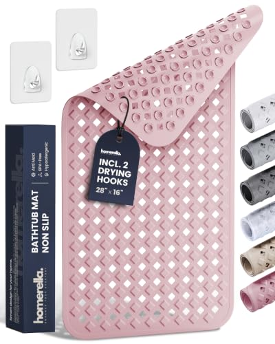 Bathtub Mat Non Slip 28x16 - homerella® Bath Mat Incl. Hooks for Drying, 100% BPA Free, Shower Mat Non Slip Anti Mold, Machine Washable, Shower Mats for Inside Shower Mildew Resistant (Rose) - color: Rose, size: 27.6" x 15.7" (Rectangular)