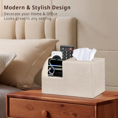 PU Leather Square Tissue Box Cover - Multi-Functional Tissue Box Holder, Tissue Box Cover with Storage,Tissue and Remote Control Holder, Cube Tissue Box Organizer Bedroom Nightstand End Table - color: Beige