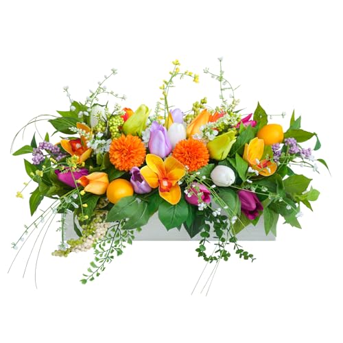 Artificial Tulip & Dahlia Table Centerpiece Lifelike Faux Flowers with Decorative Lemons & Greenery, Spring & Summer Tabletop Decor for Dining Room, Kitchen Island, Coffee Table, Weddings & Home - color: Tulips